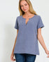 Woman wearing a blue textured top on a white background