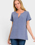 Woman wearing a blue textured top on a white background