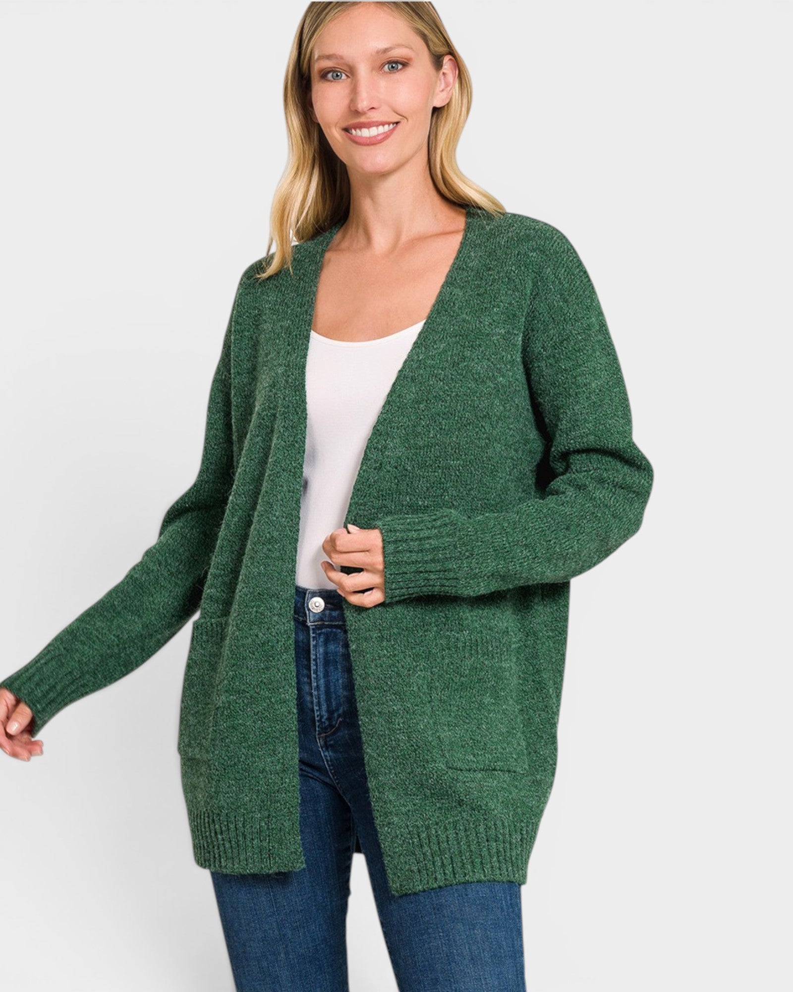 Dark Green Open Front Cardigan