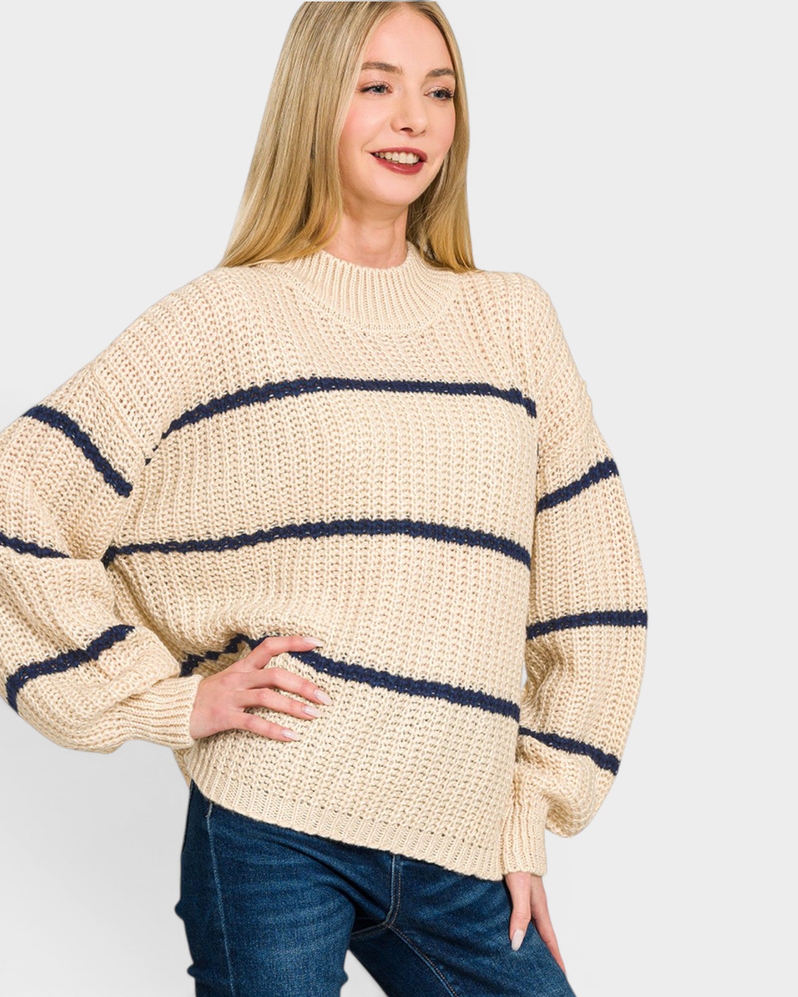 Taupe Striped Mock Neck Sweater