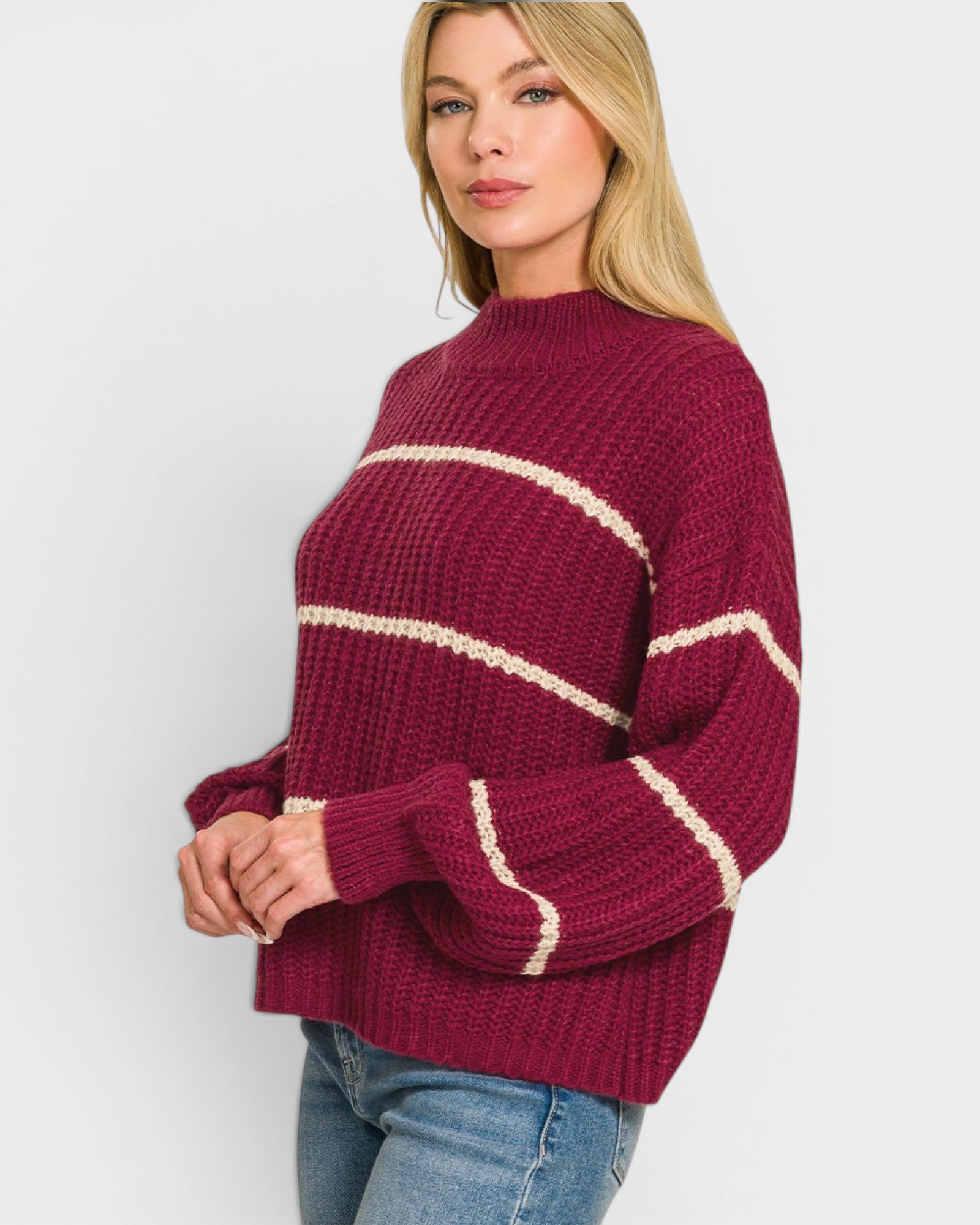 Cabernet Striped Mock Neck Sweater