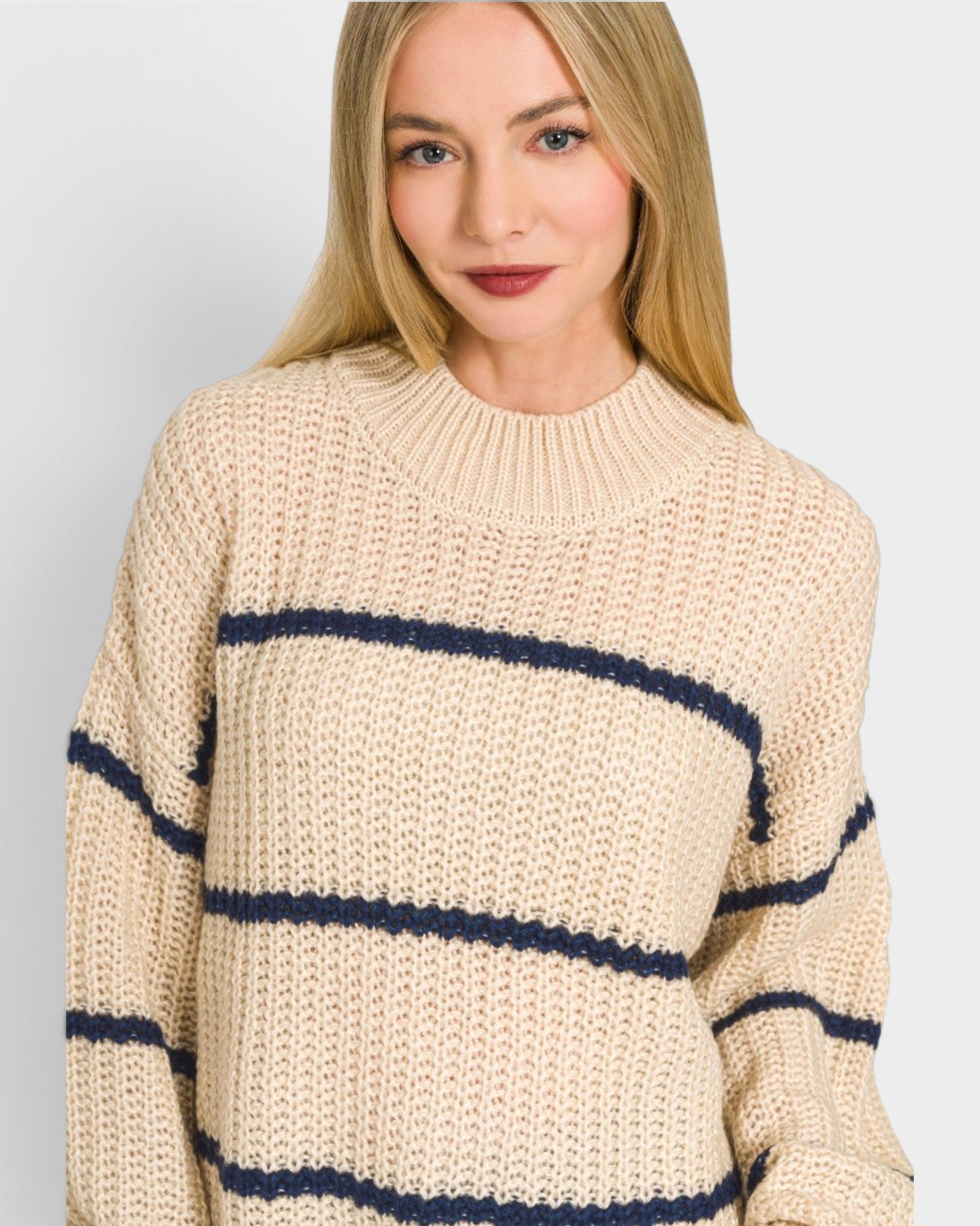 Taupe Striped Mock Neck Sweater