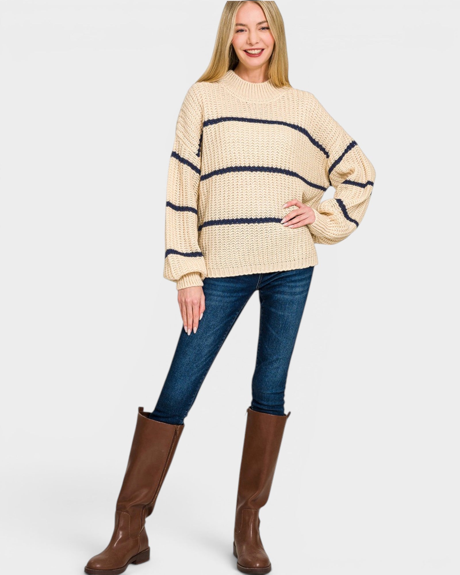 Taupe Striped Mock Neck Sweater
