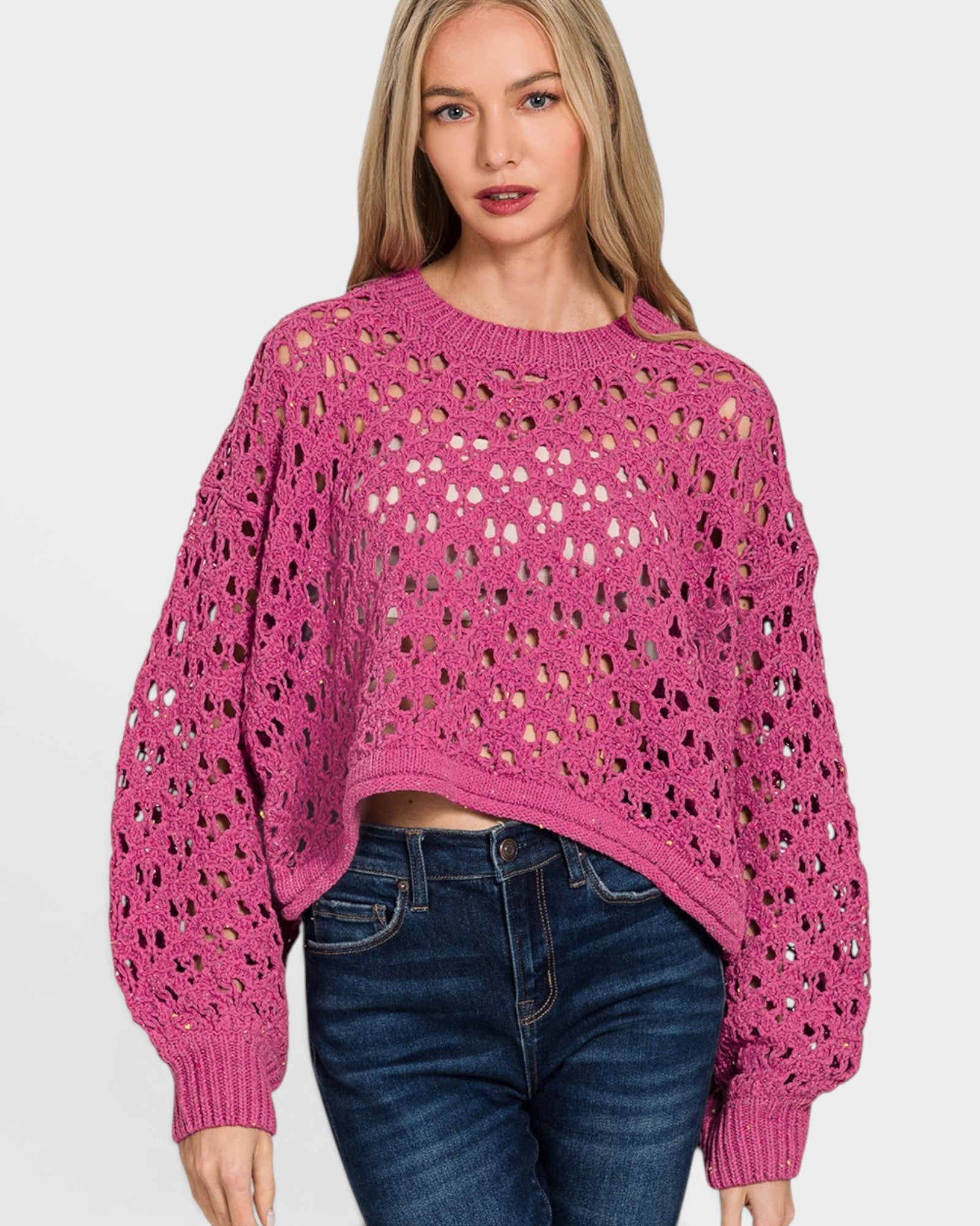 Fuchsia Open Knit Cropped Sweater
