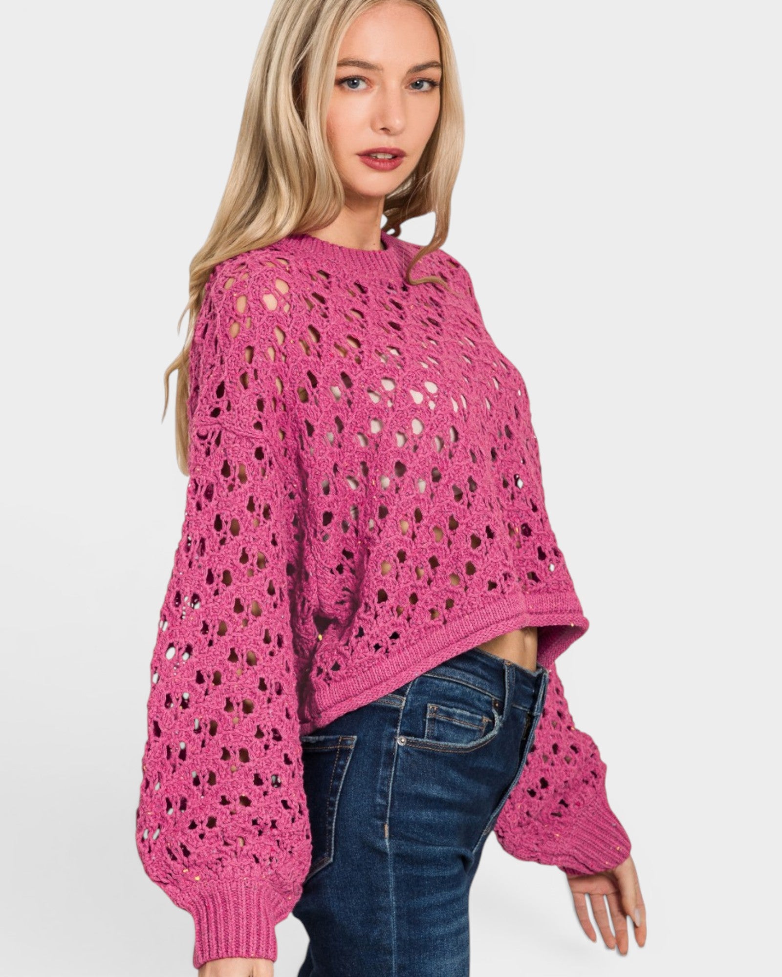 Fuchsia Open Knit Cropped Sweater