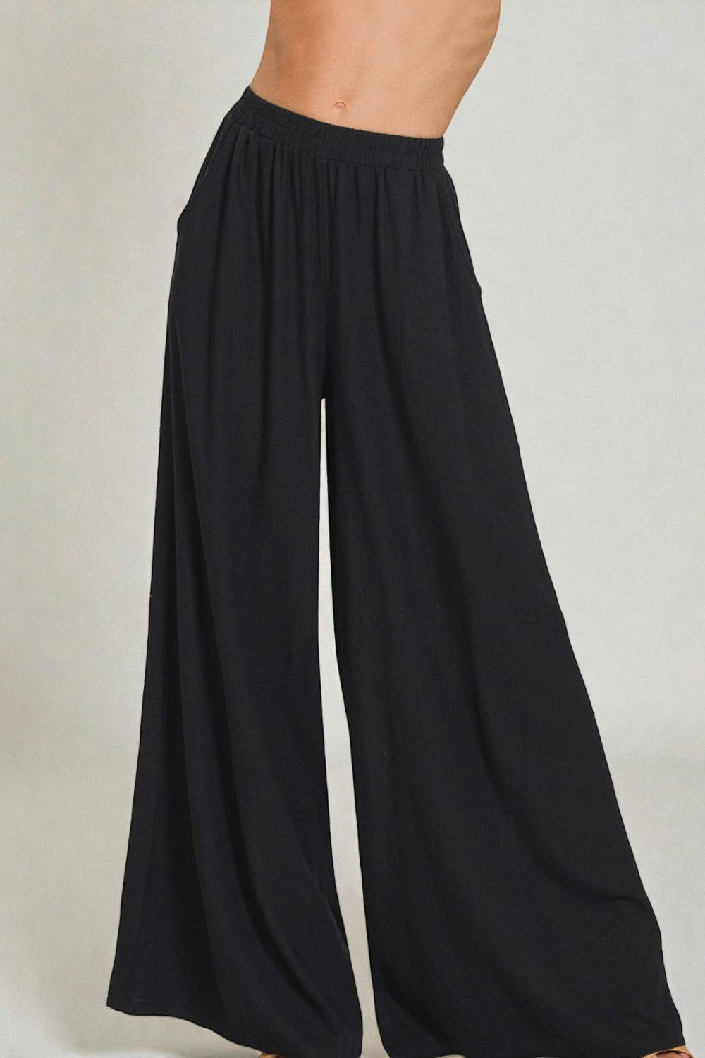 Pantalones de pierna ancha de mezcla de lino plisados ​​en color negro