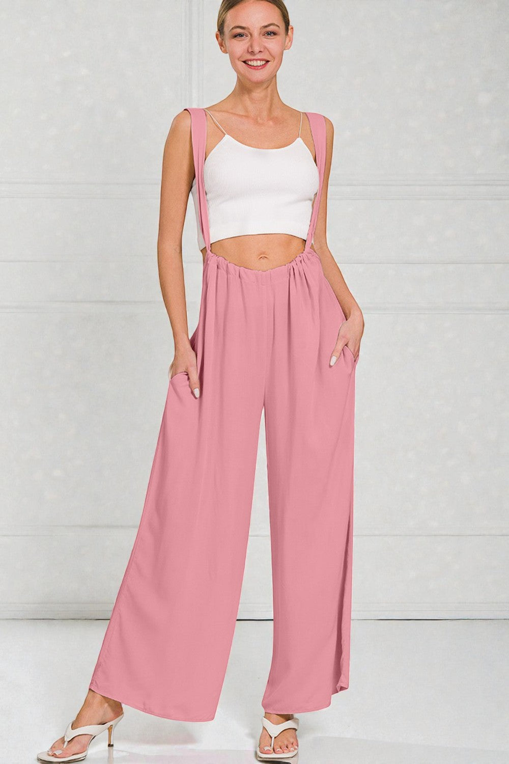 Rose Pink Wide Leg Suspender Pants