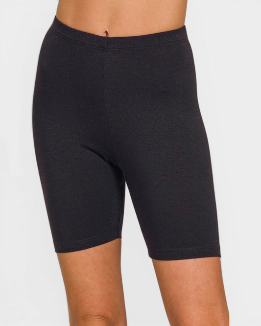 Black bike shorts worn by a person on a plain background