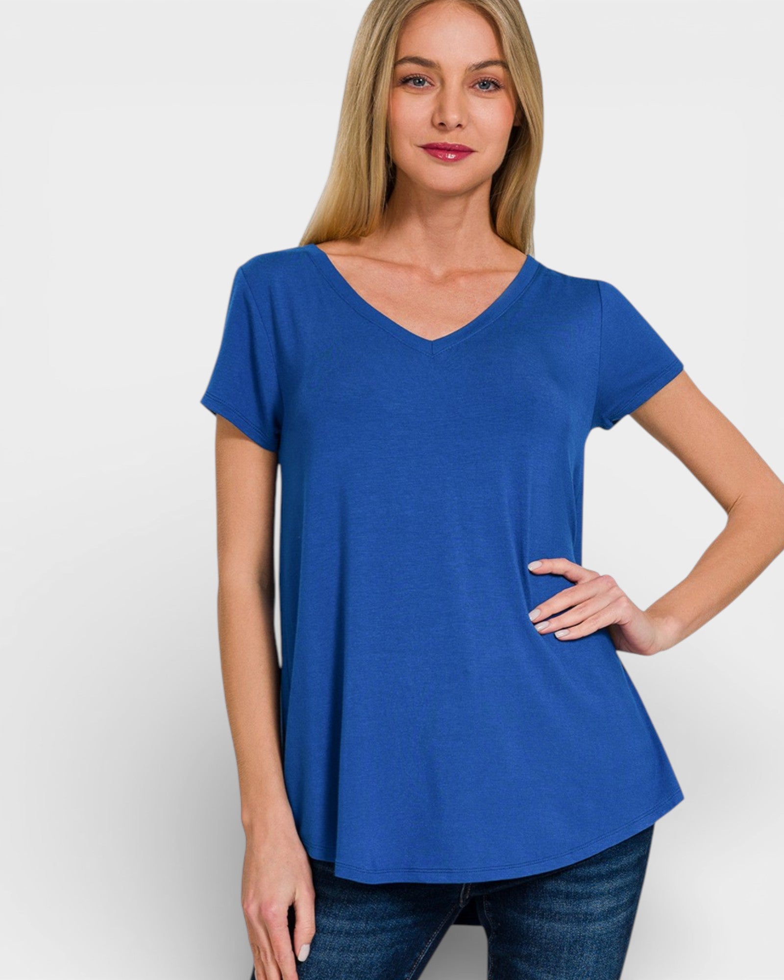 Woman wearing a blue t-shirt on a white background