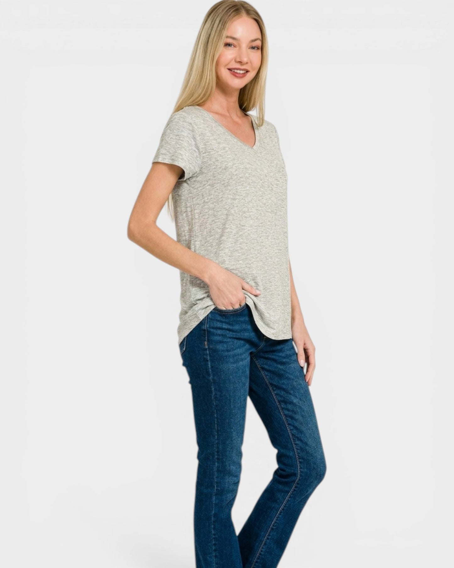Heather Gray V-Neck Short Sleeve Top