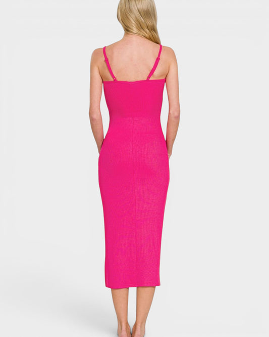 Pink dress worn by a person on a white background