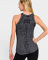 Woman wearing a gray ribbed tank top with a logo on a white background