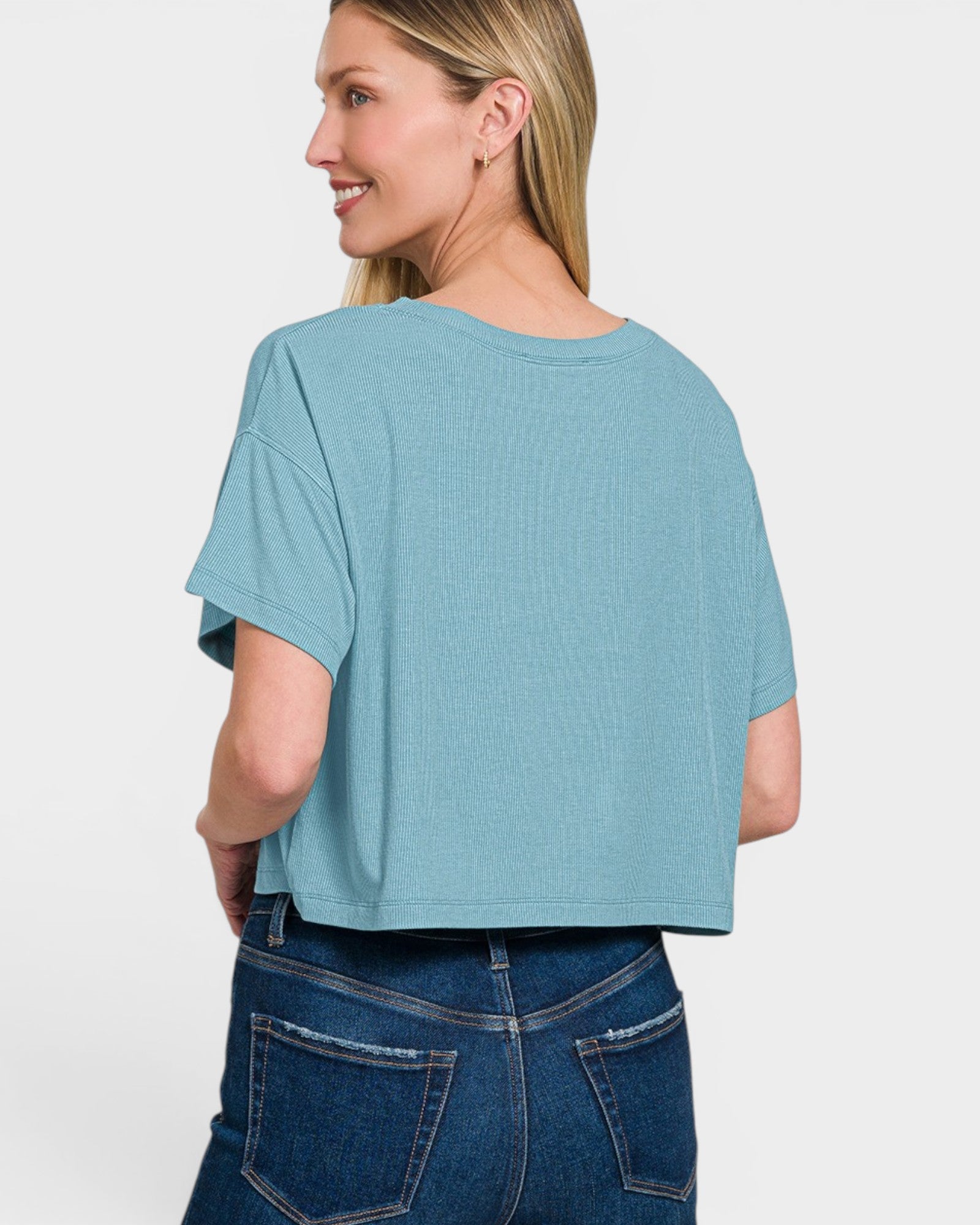 Aqua Ribbed Cropped Short Sleeve Top