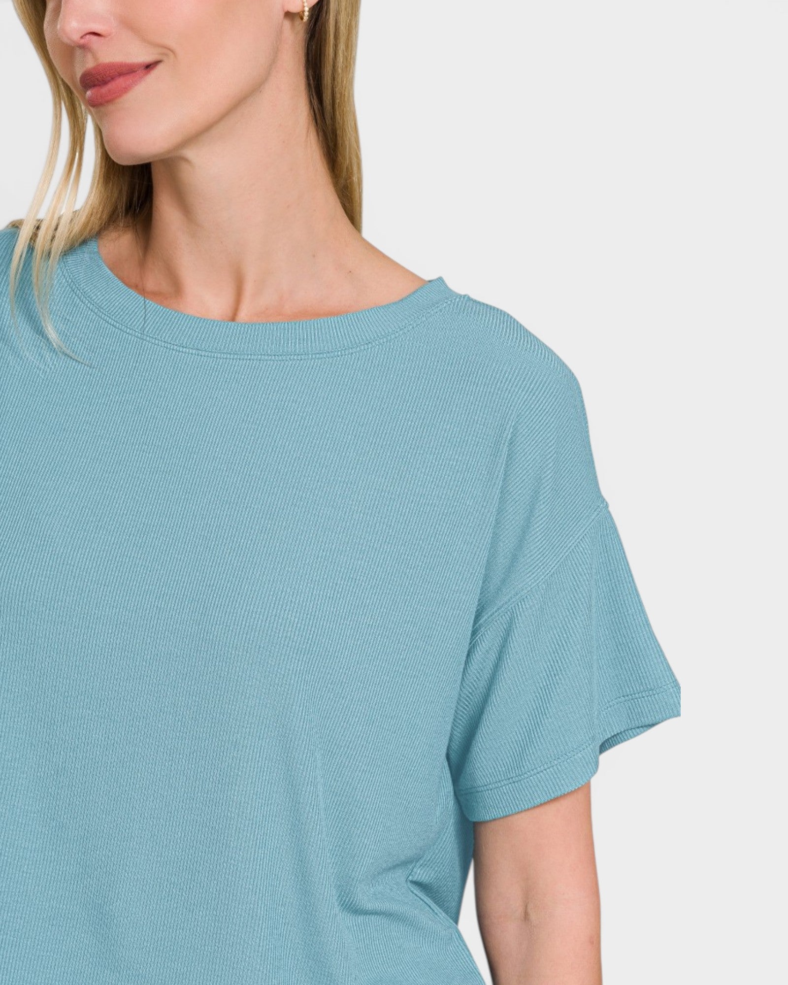 Aqua Ribbed Cropped Short Sleeve Top
