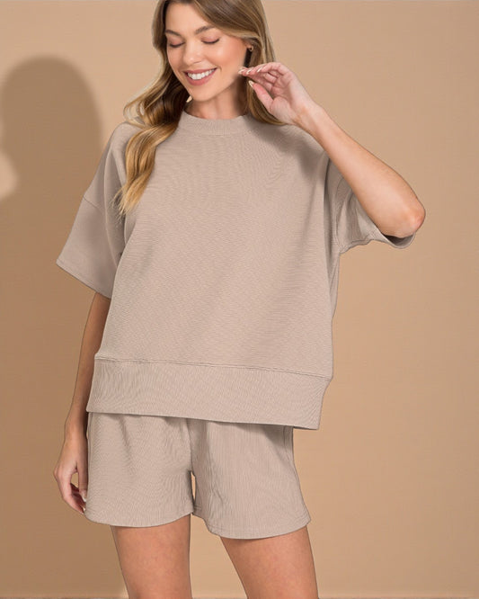 Taupe Ribbed Lounge Set with Shorts