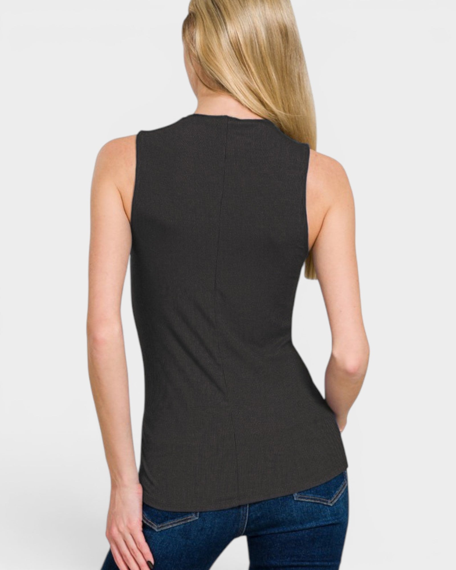 Charcoal Ribbed Mock Neck Sleeveless Top