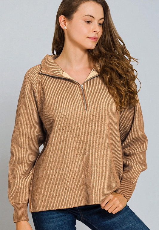 Woman wearing a brown ribbed sweater against a gray background
