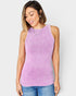Woman wearing a purple ribbed tank top against a light gray background