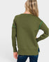 Person wearing a green sweater with green accents on a white background