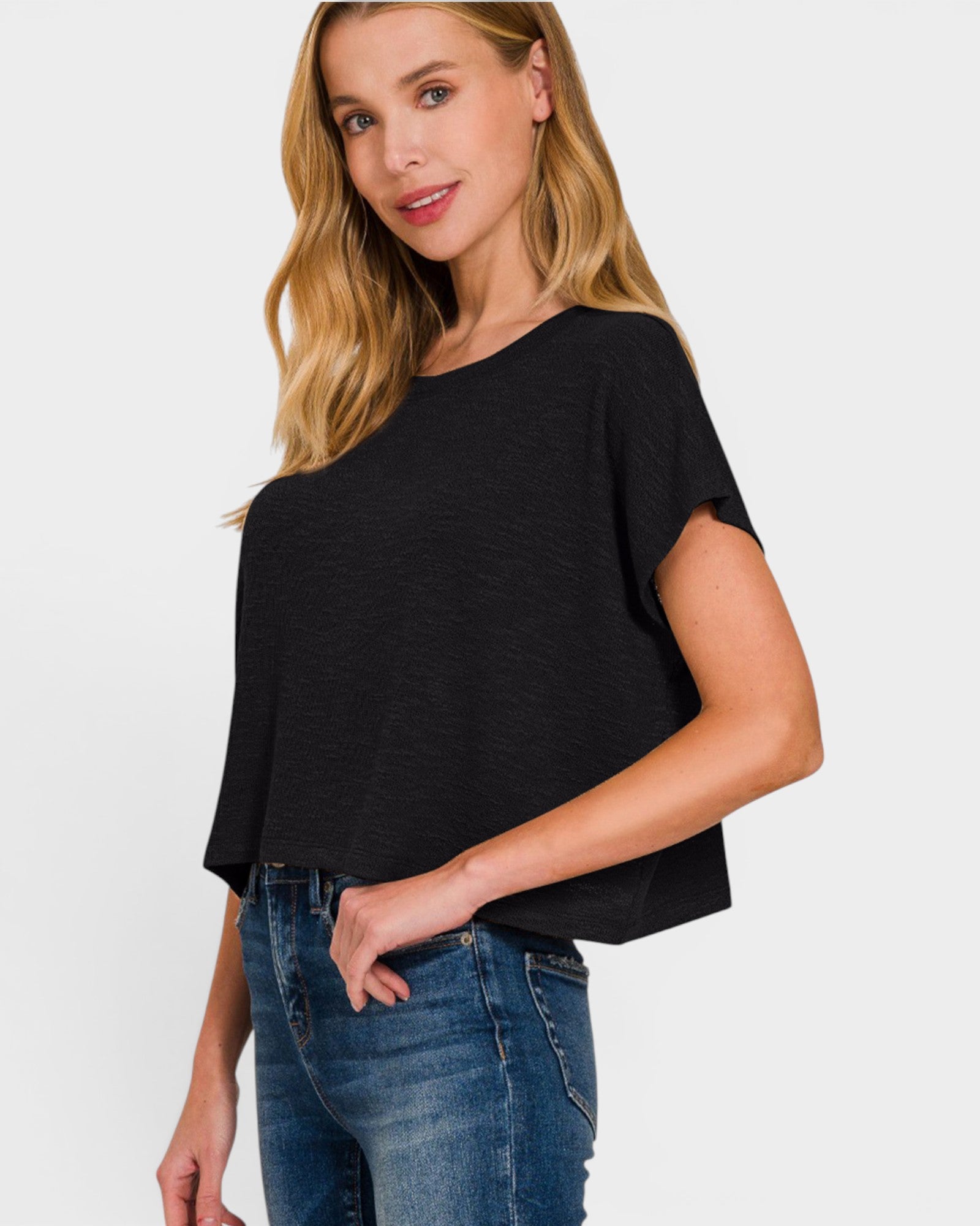 Black Textured Knit Boxy Tee