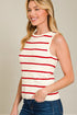 Woman wearing a sleeveless red and white striped top against a neutral background
