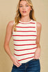 Woman wearing a sleeveless red and white striped top against a beige background
