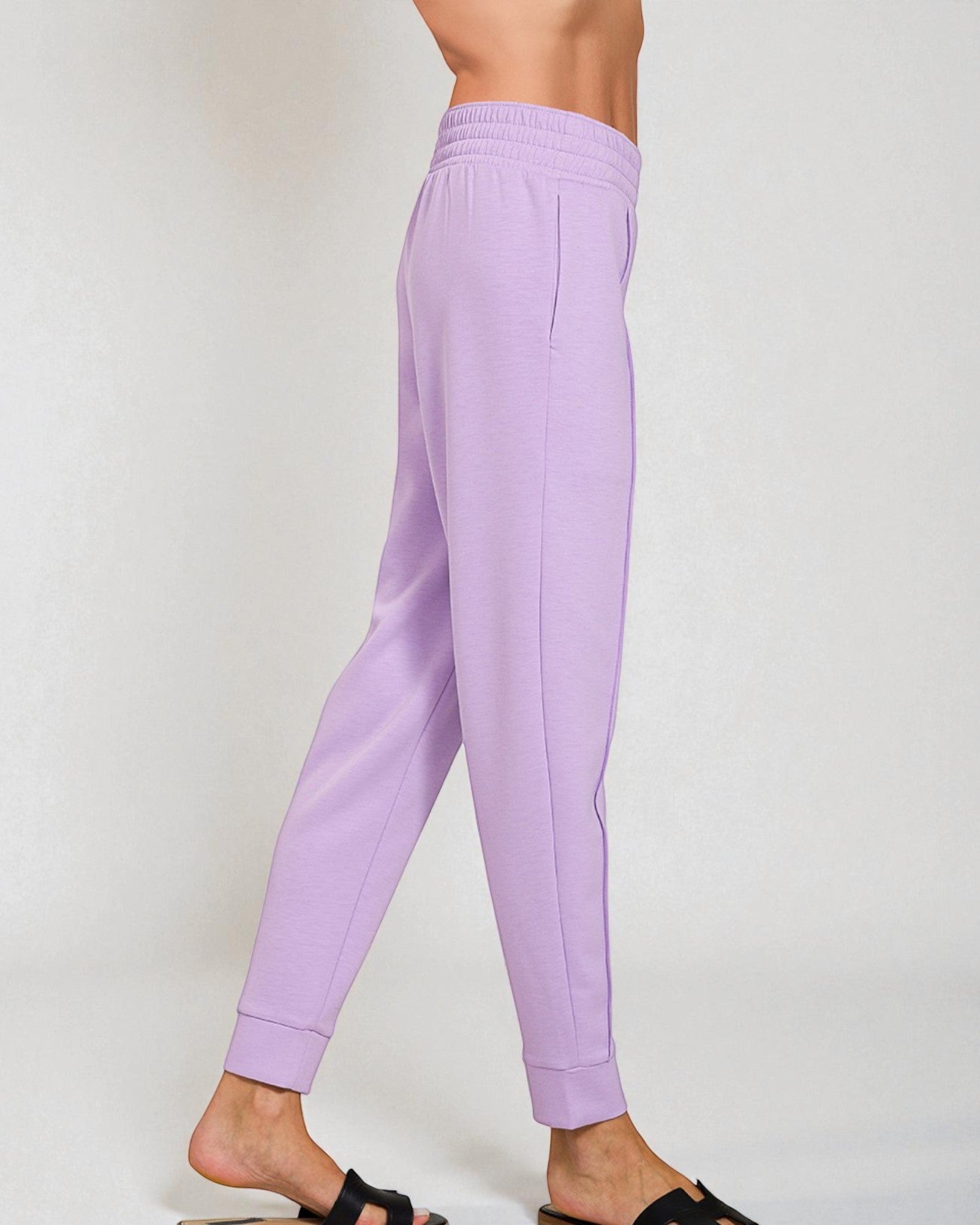 Lavender jogger pants worn by a person on a white background