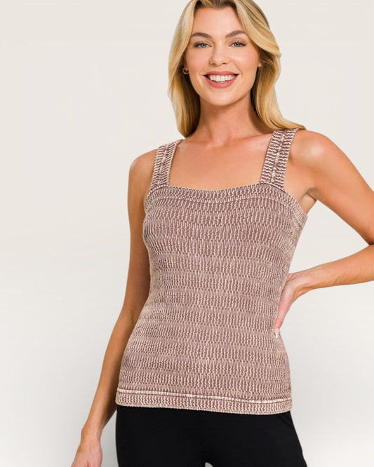 Taupe Smocked Square-Neck Tank Top