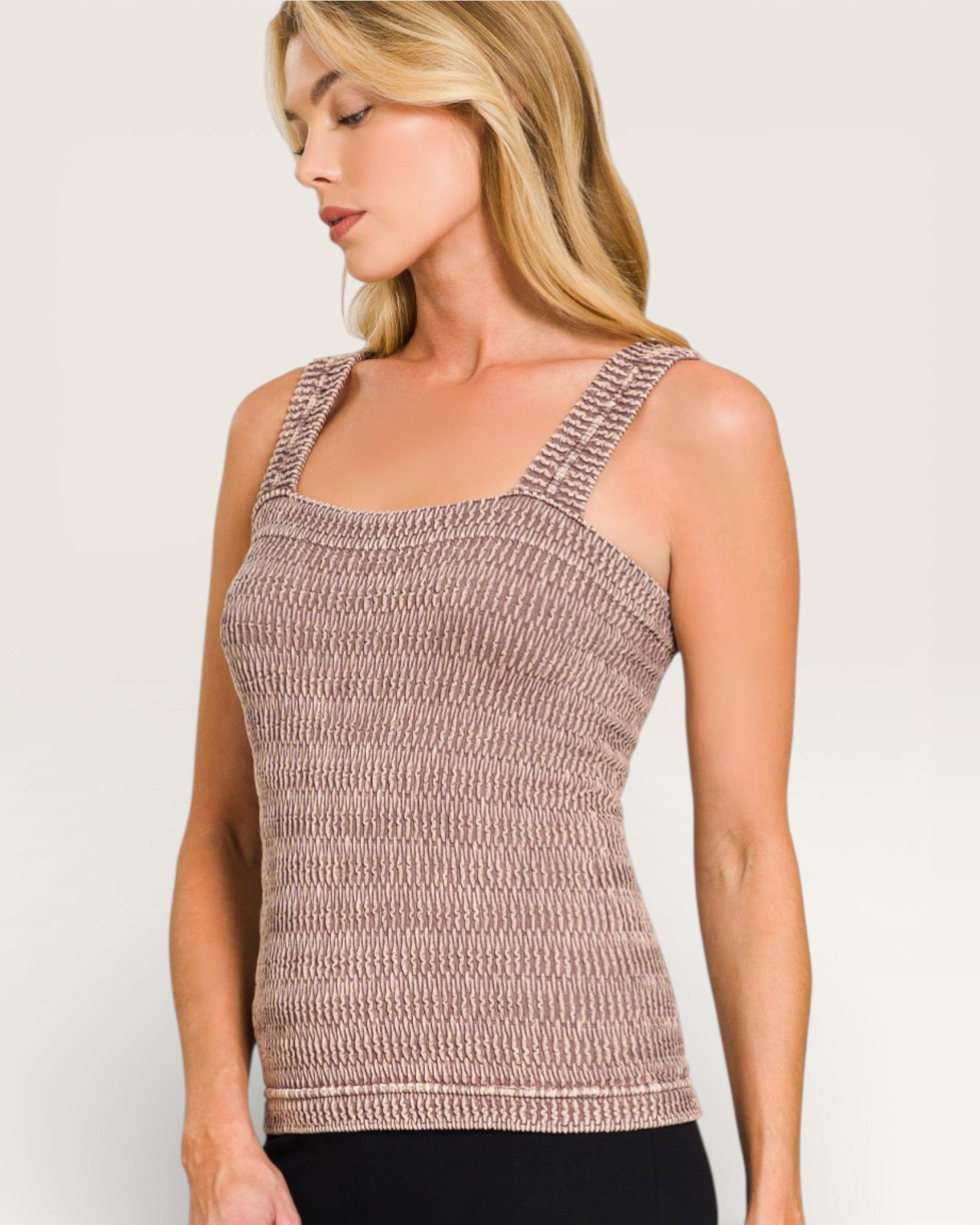 Taupe Smocked Square-Neck Tank Top