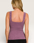 Purple crochet tank top worn by a person on a plain background