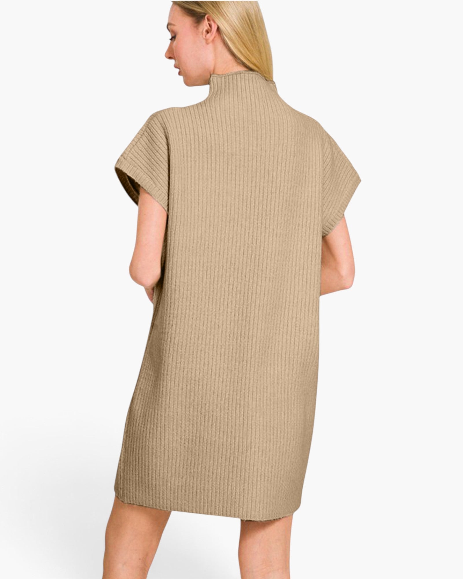 A woman shown from the back wearing a beige ribbed knit mock-neck dress with short sleeves, photographed against a clean white studio background.