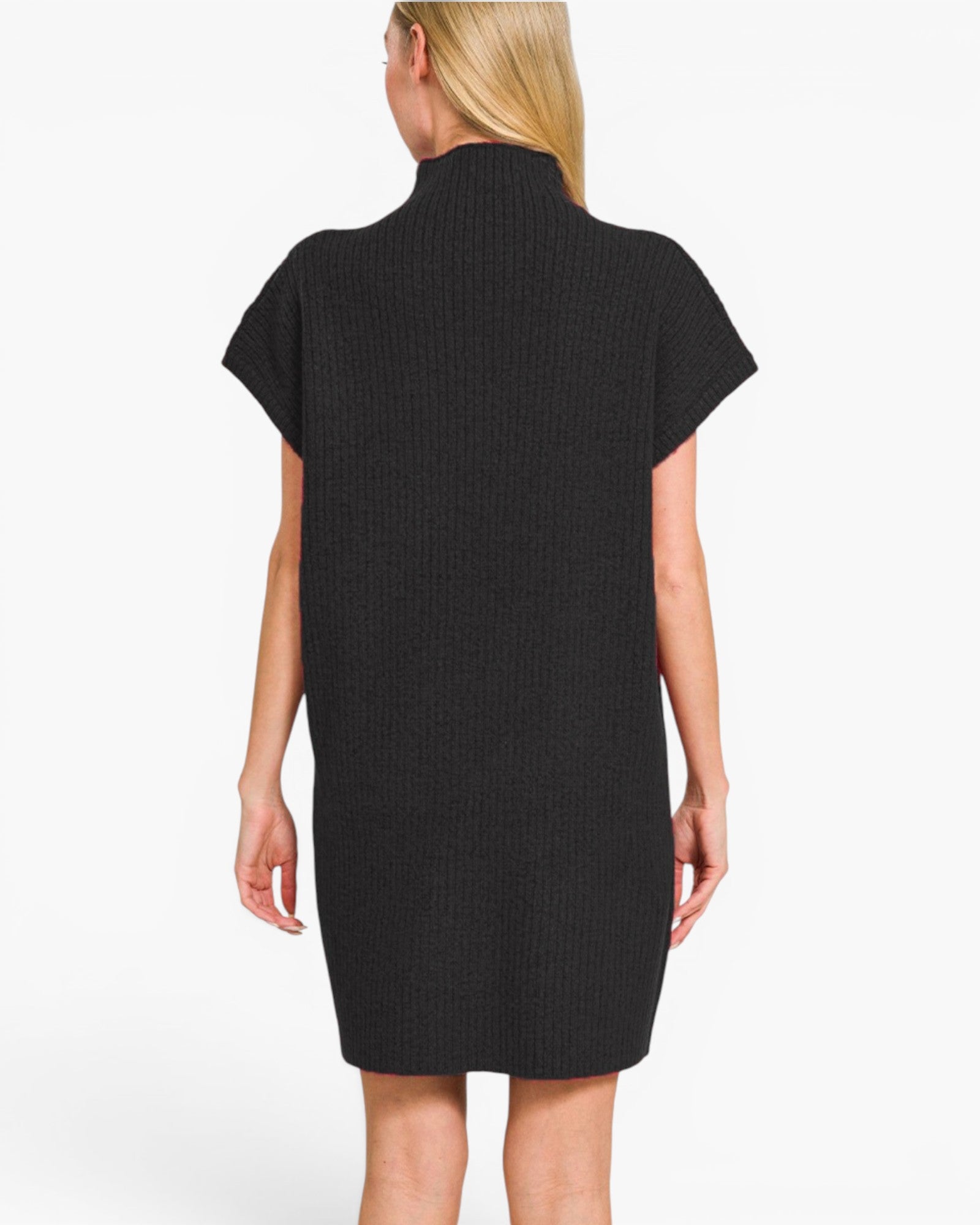 A woman shown from the back wearing a black ribbed knit mock-neck dress with short cap sleeves, photographed against a plain white studio background.