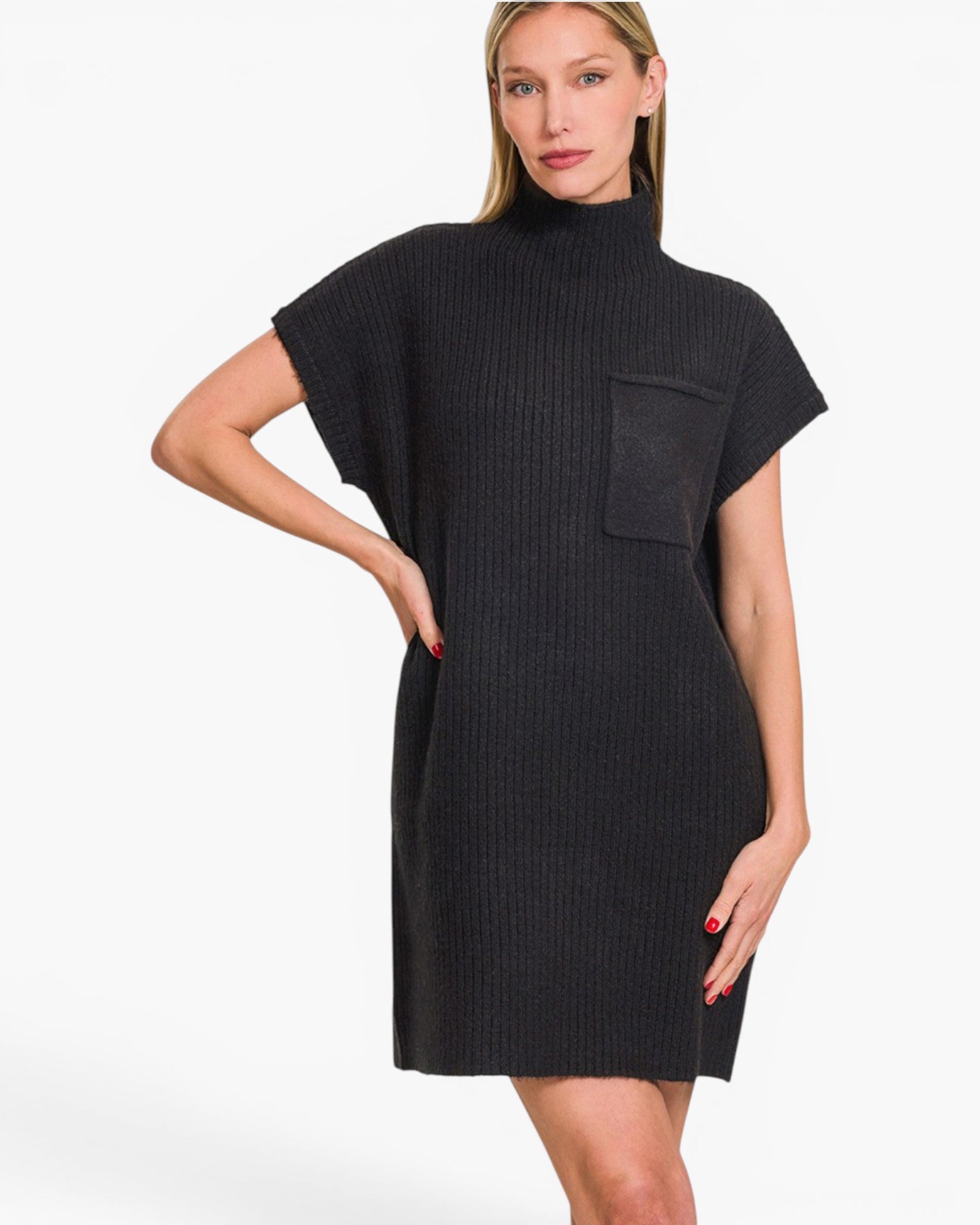 A woman modeling a black ribbed knit turtleneck dress with short cape sleeves and a chest pocket, photographed against a clean white studio background.