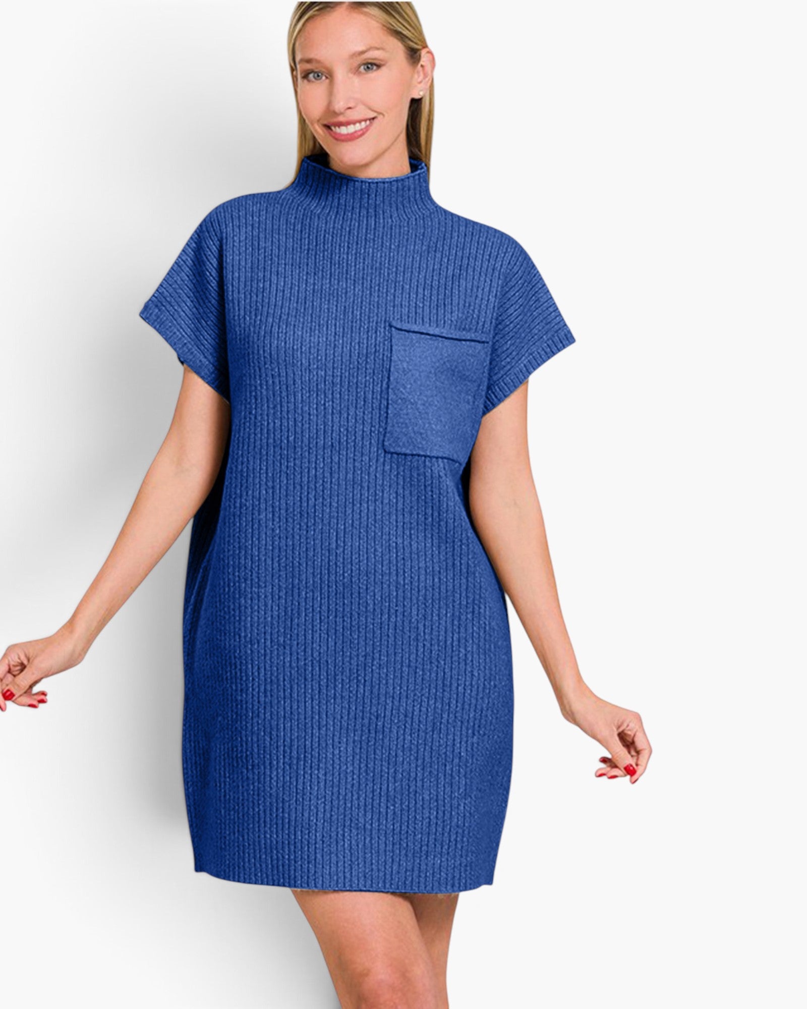A woman modeling a short-sleeve ribbed knit mock-neck dress in a medium blue color, featuring a chest pocket, against a plain light gray background.