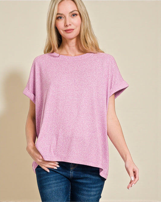 Pink Heathered Rolled Sleeve Top