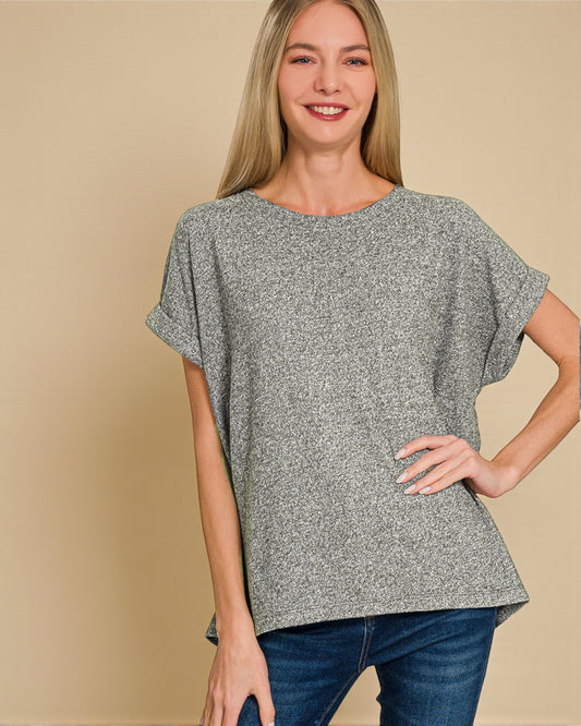 Gray Heathered Rolled Sleeve Top