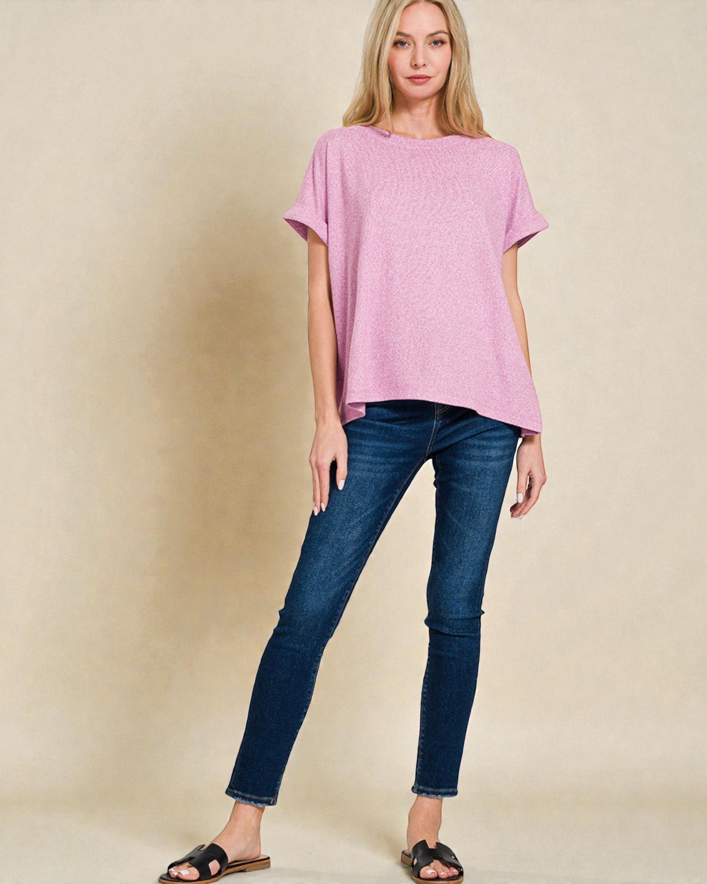 Pink Heathered Rolled Sleeve Top