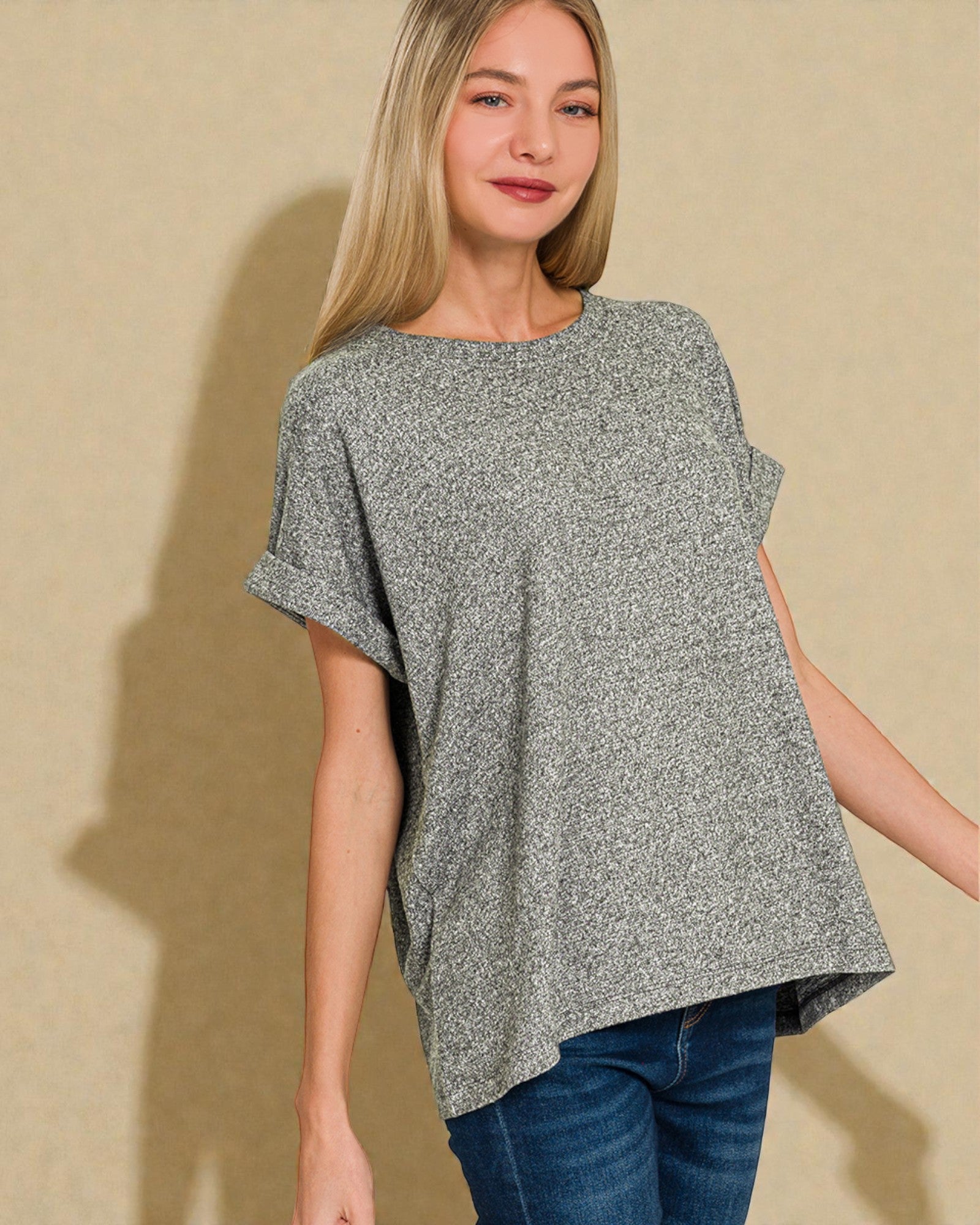 Gray Heathered Rolled Sleeve Top
