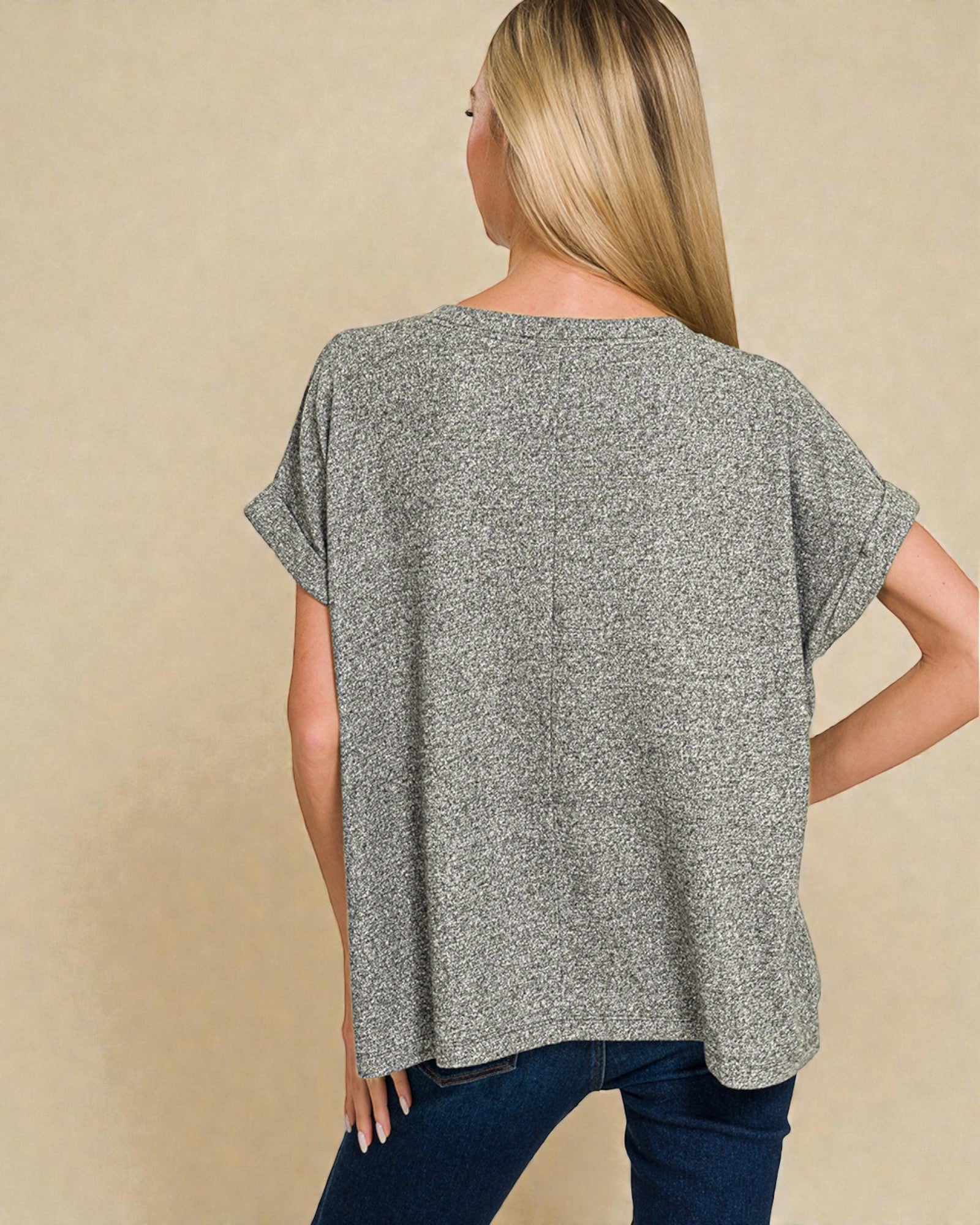 Gray Heathered Rolled Sleeve Top