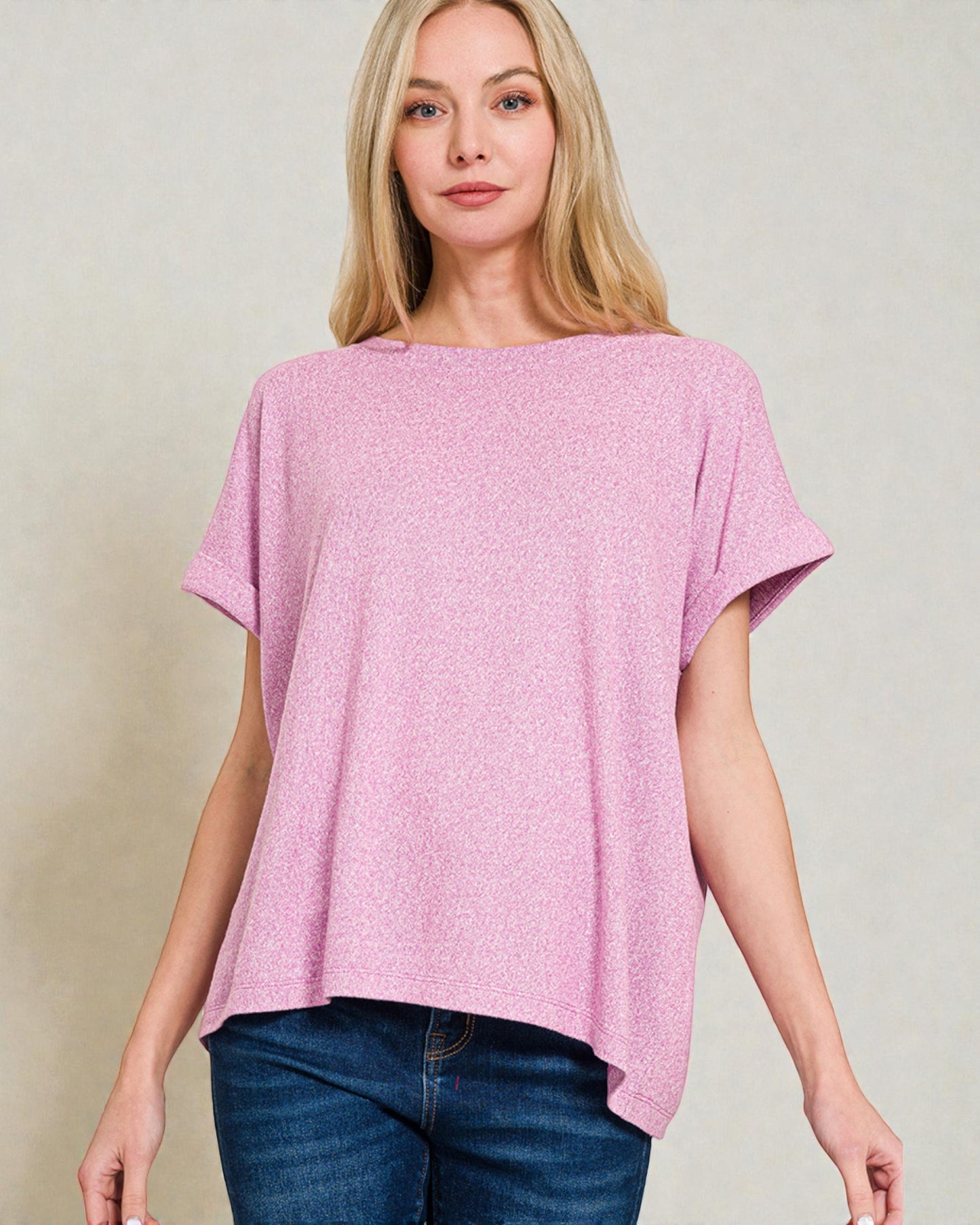 Pink Heathered Rolled Sleeve Top