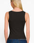 A woman shown from the back wearing a black sleeveless tank top and blue jeans against a plain white background.