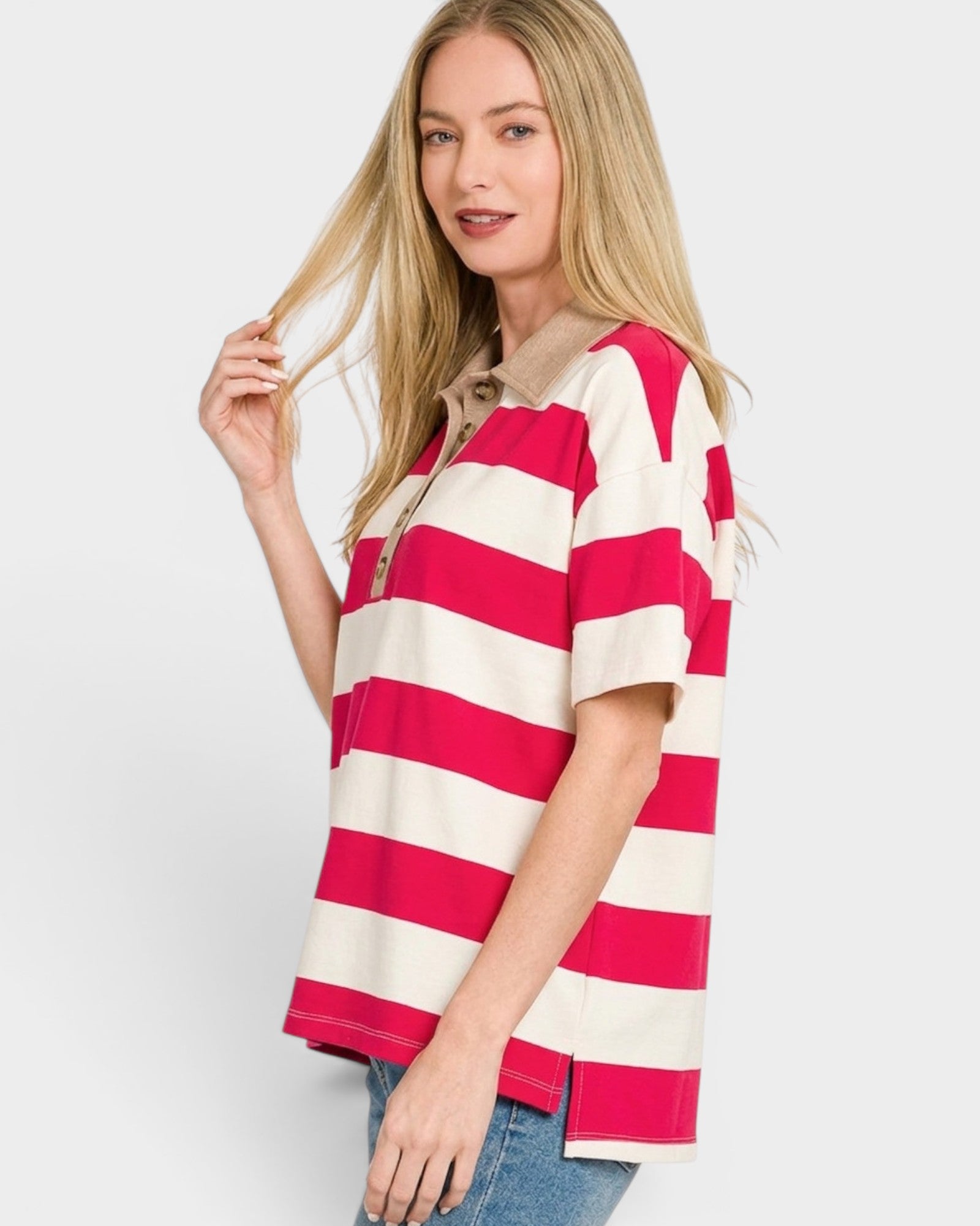 Raspberry & Ivory Striped Polo Top