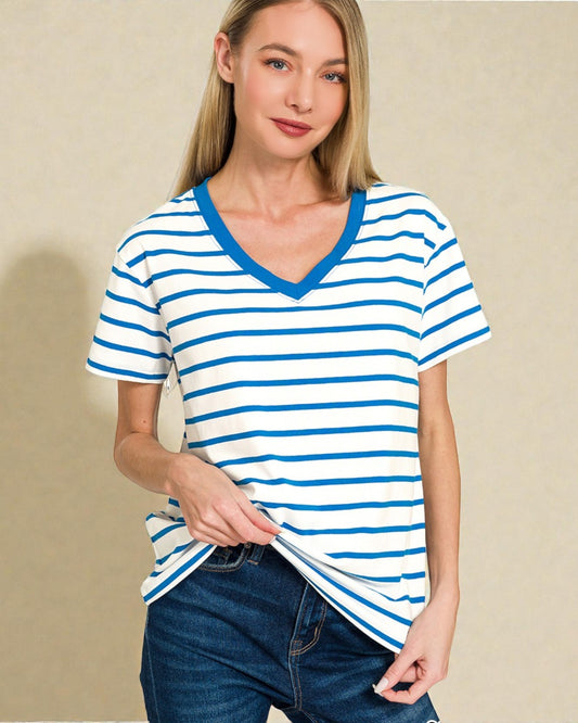 Ivory & Blue Stripe V-Neck Tee