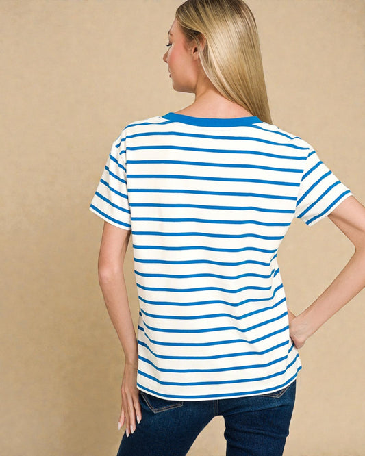 Ivory & Blue Stripe V-Neck Tee