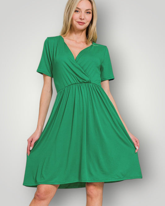 Green Short Sleeve Mini Faux Wrap Dress