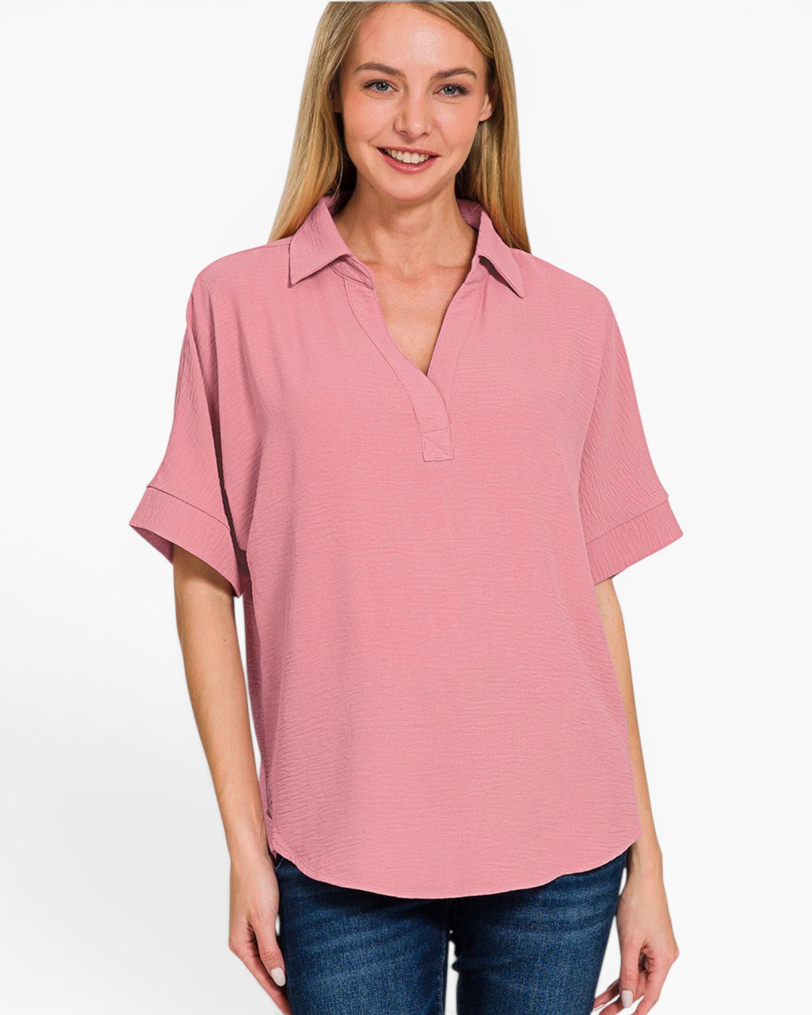 Light Rose Collared Short Sleeve Top