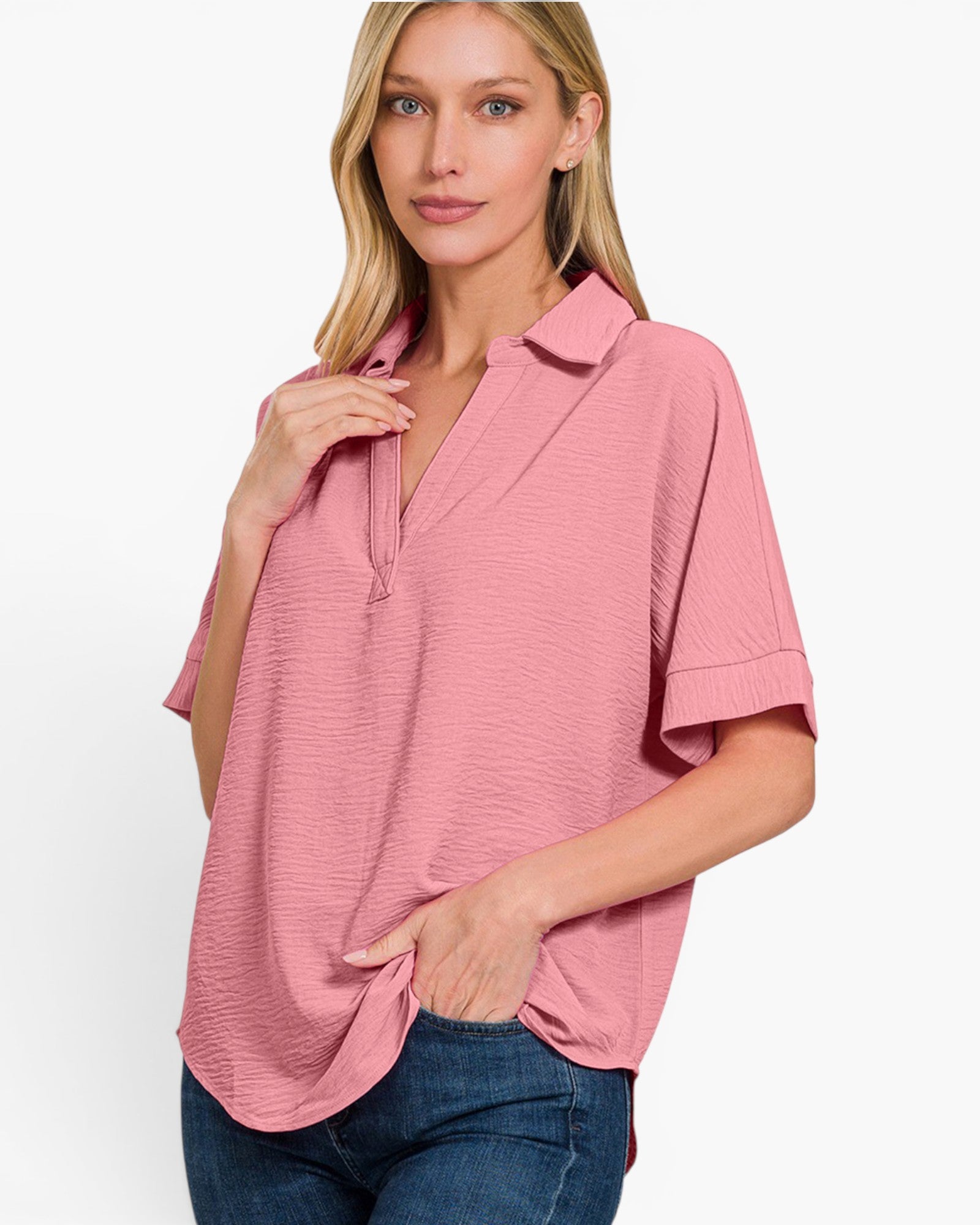 Light Rose Collared Short Sleeve Top