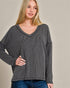 Woman wearing a gray ribbed sweater against a plain background