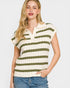 Woman wearing a striped short-sleeve top with a plain background