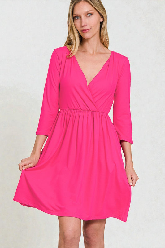 Hot Pink V-Neck Fit & Flare Mini Dress
